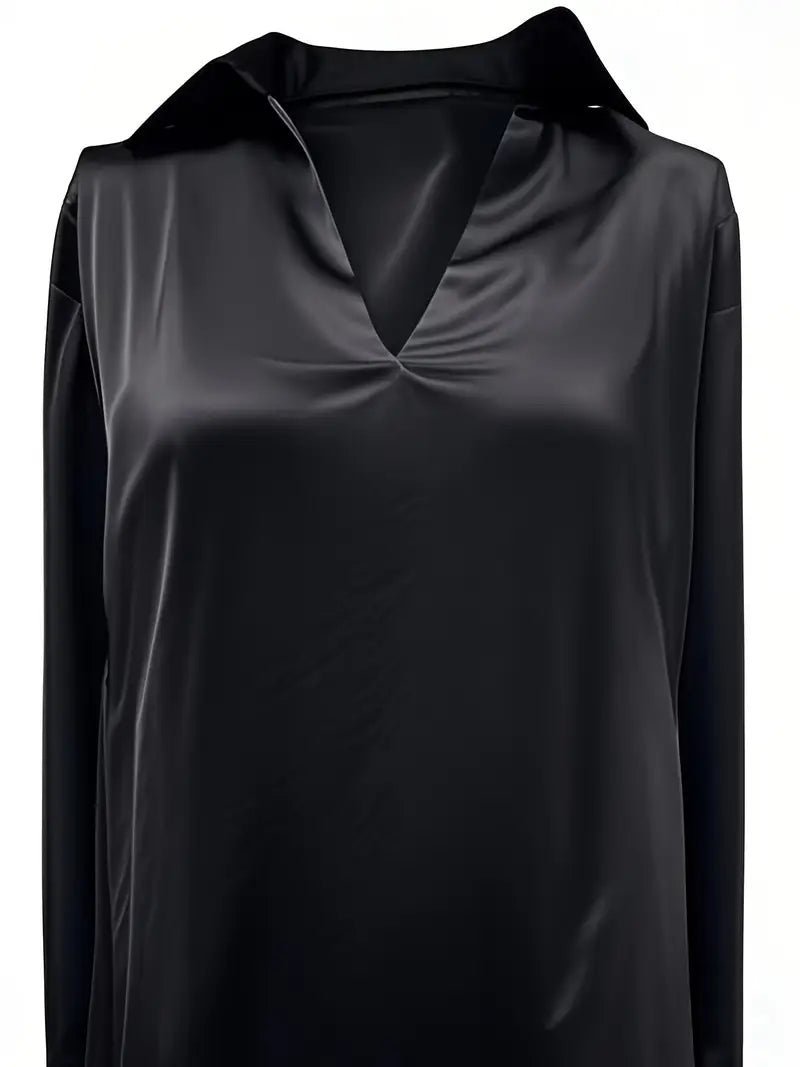 Women's Satin Blouse with V-Neck Collar and Long Sleeve