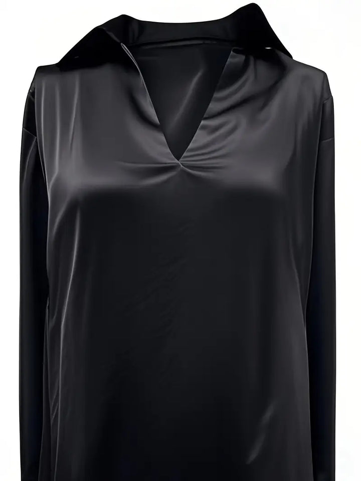 Women's Satin Blouse with V-Neck Collar and Long Sleeve