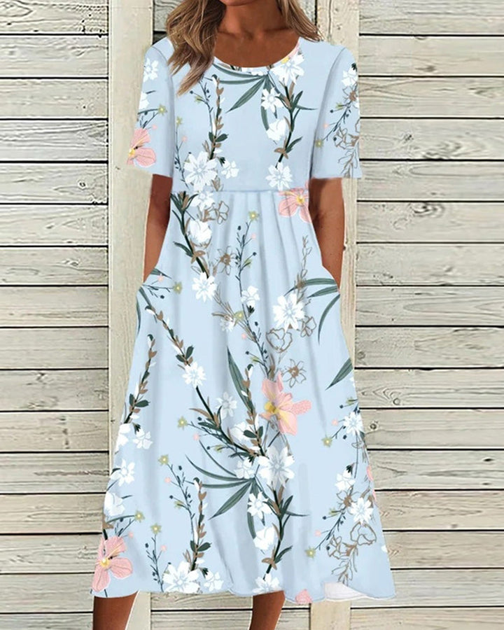 Women's Floral  Midi Dress with Gathered Waist and Pockets