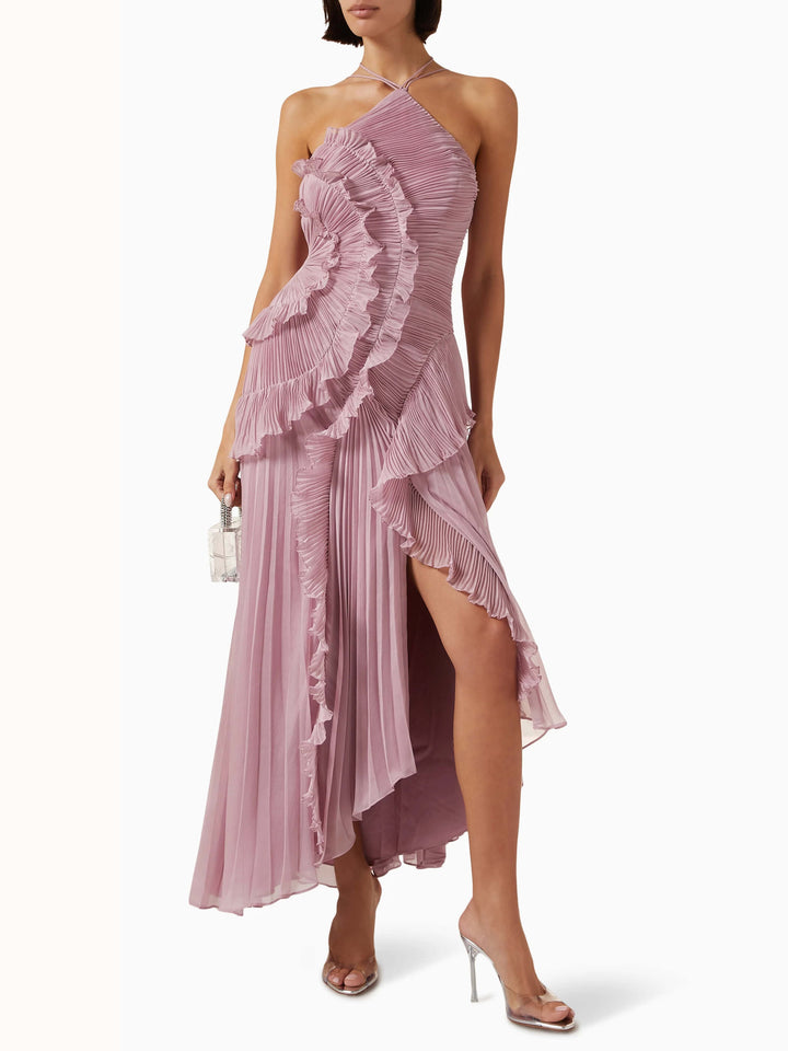Avery | Maxi Wedding Guest Dress with Halter Neck and Pleated Skirt