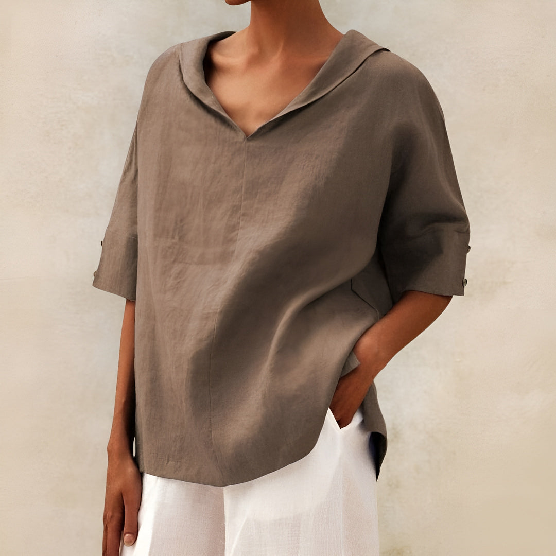 Women's V-Neck Blouse with Short Sleeve Relaxed Fit