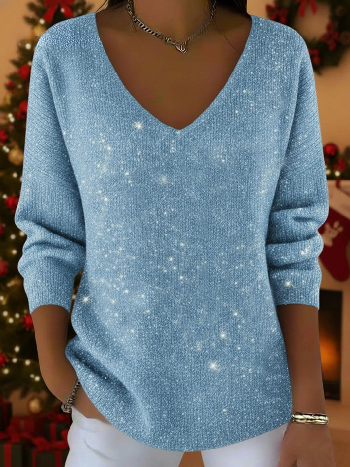 Women's V-Neck Glitter Blouse with Long Sleeve Relaxed Fit