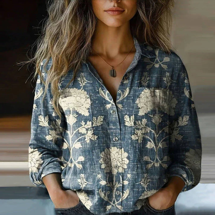 Women's Boho Print Shirt with Button Front and Long Sleeve