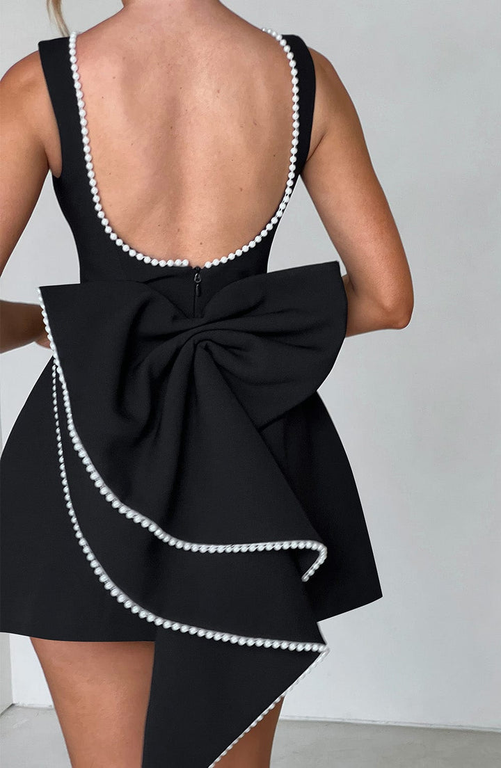 Amber | Mini Wedding Guest Dress with Pearl Trim and A-Line Cut