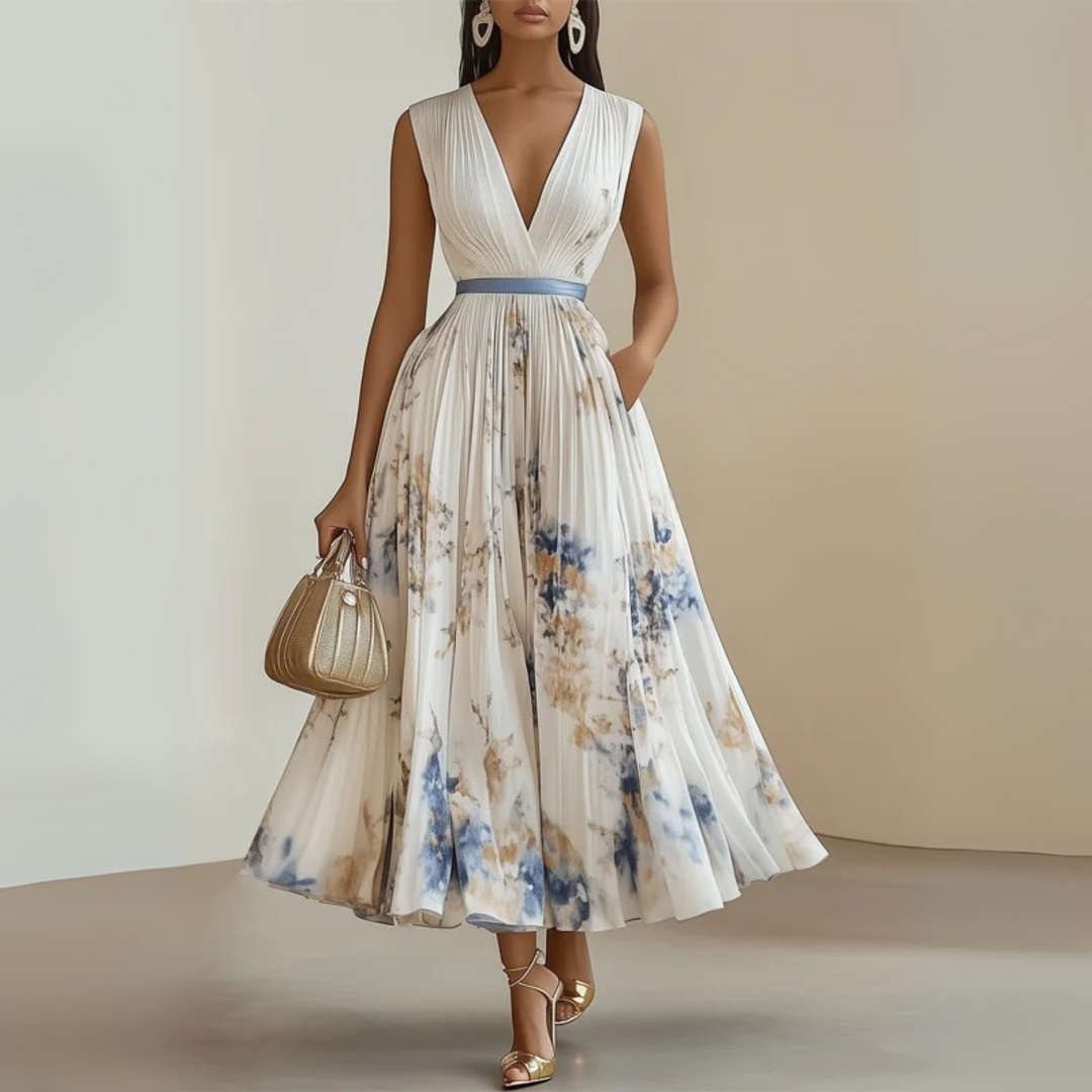 Nora | Maxi Wedding Guest Dress with Floral Print and Pleated Skirt