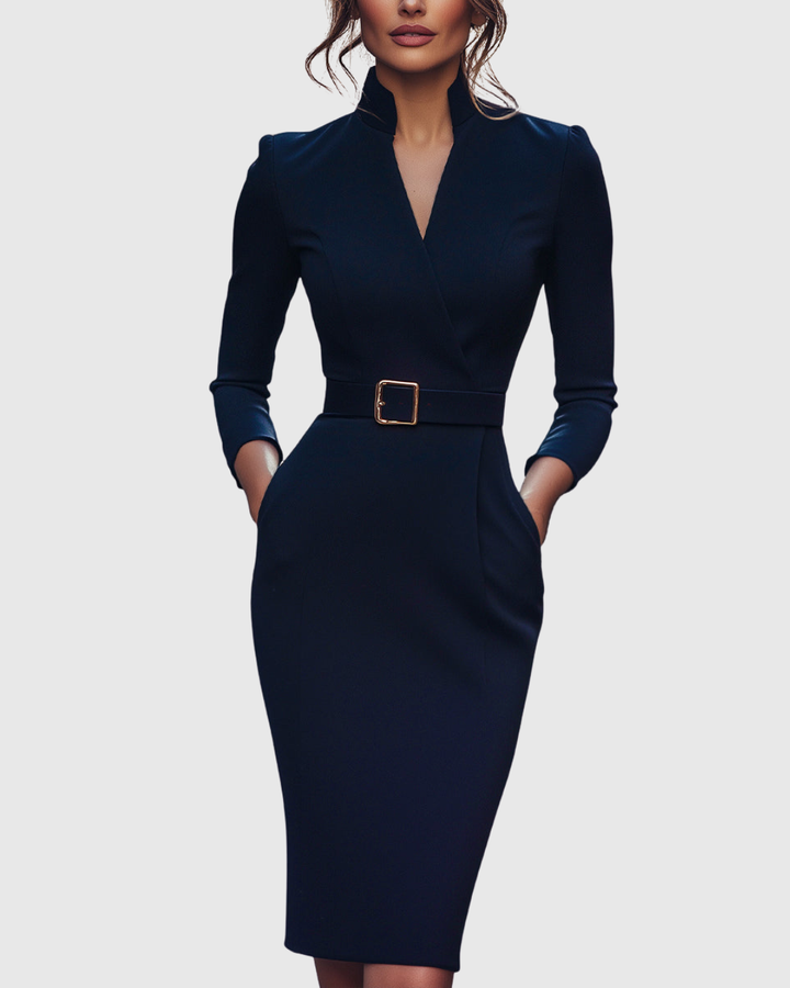 Women's Long Sleeve Belted Midi Dress with V-Neckline
