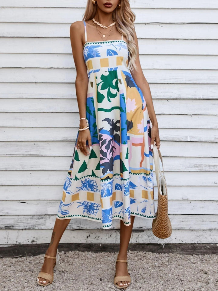 Eve | Midi Summer Dress with Abstract Print and Spaghetti Straps