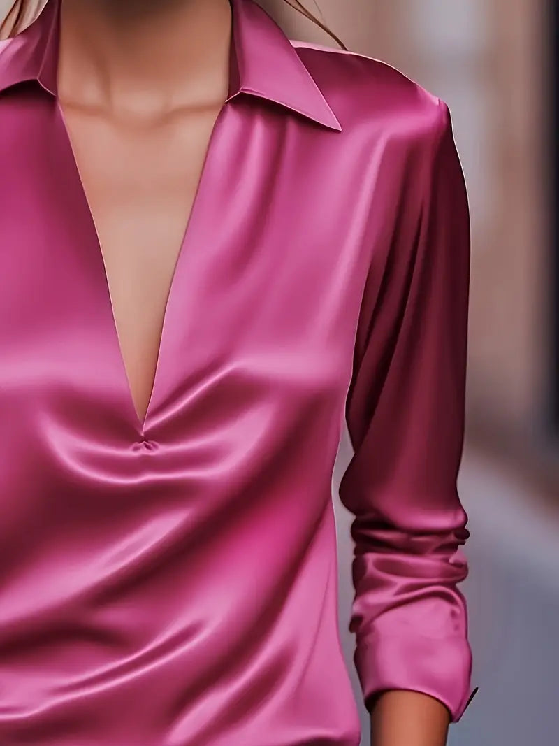 Women's Satin Blouse with V-Neck Collar and Long Sleeve