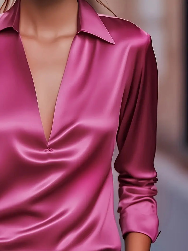 Women's Satin Blouse with V-Neck Collar and Long Sleeve