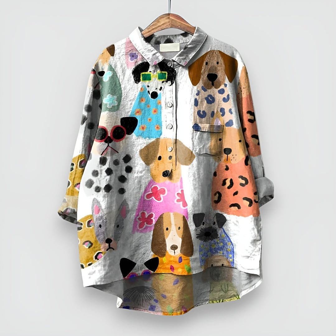 Women's Dog Print Shirt with Button Front and Shirt Collar