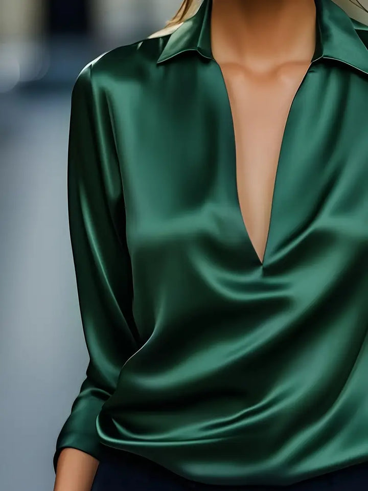 Women's Satin Blouse with V-Neck Collar and Long Sleeve