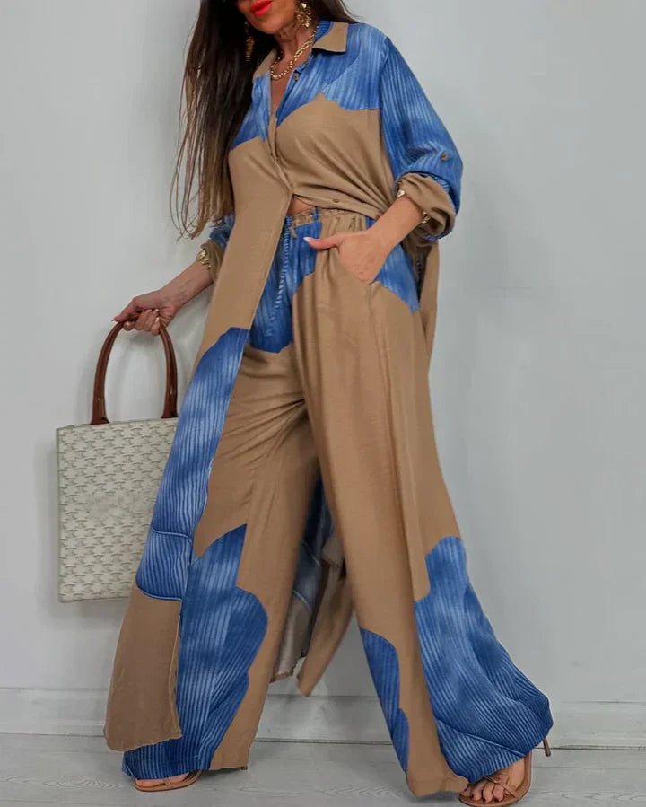 Nala | Abstract Print Two-Piece Set with Wide-Leg Trousers and Open Shirt