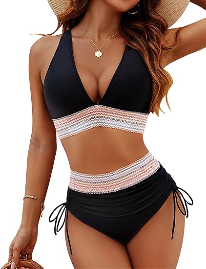 Women's High Waist V-Neck Bikini Set with Side Tie