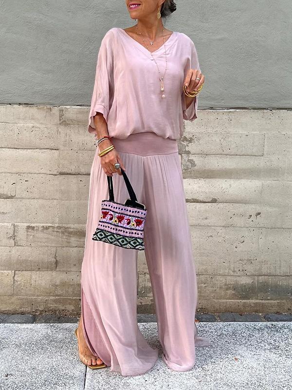 Edith | Two-Piece Set with V-Neck Top and Wide Leg Trousers