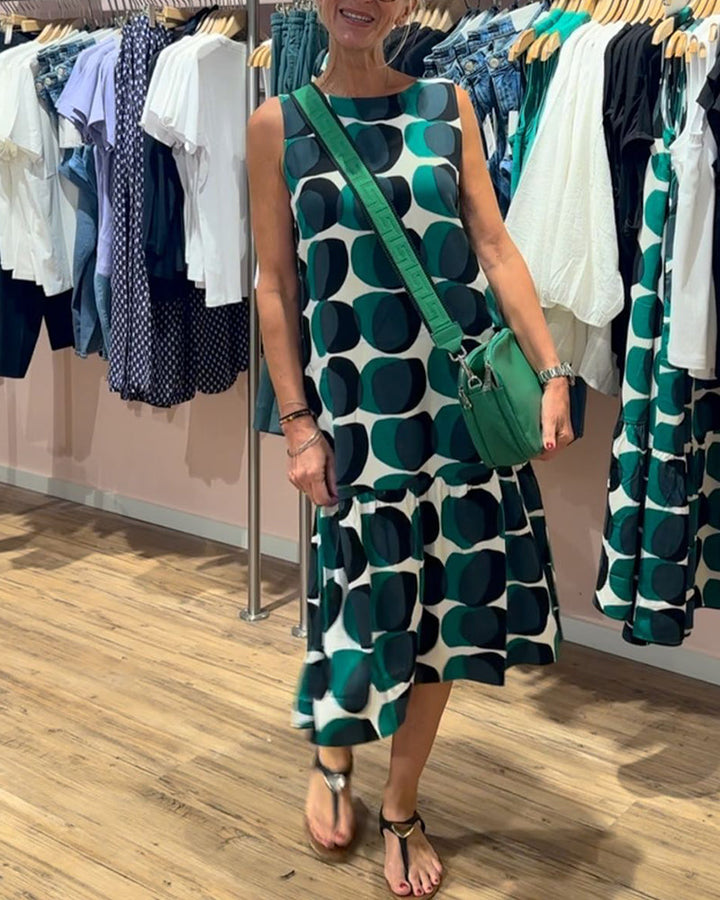 Sue | Midi Polka Dot Dress with Round Neck and Tiered Skirt
