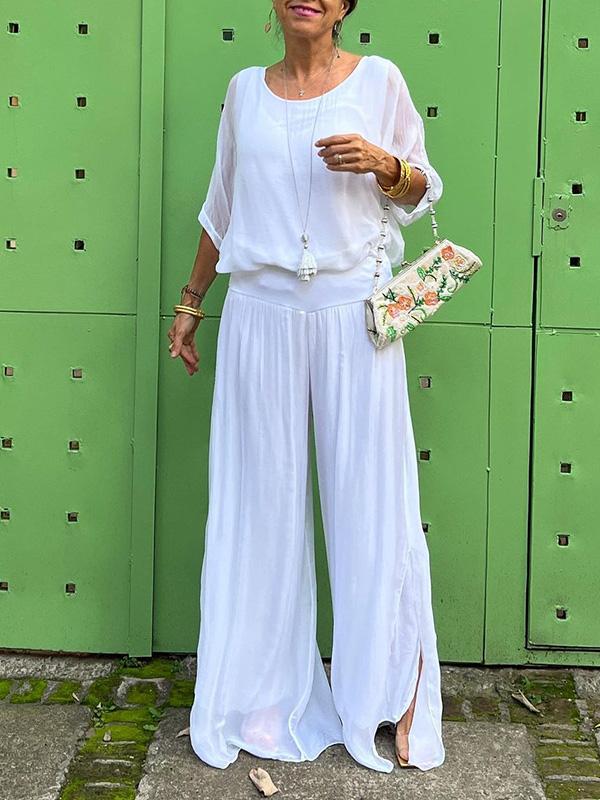 Edith | Two-Piece Set with V-Neck Top and Wide Leg Trousers