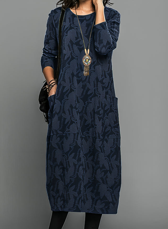 Women's Long Sleeve Midi Dress with Printed Pattern