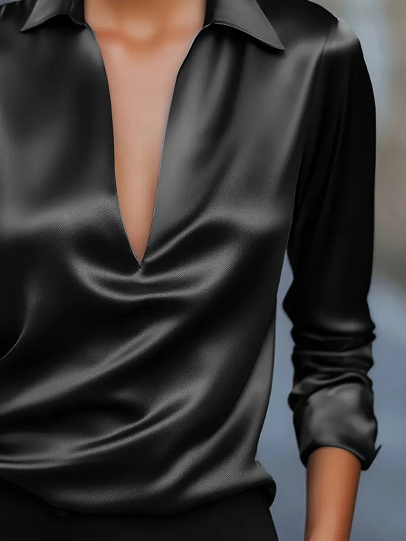 Women's Satin Blouse with V-Neck Collar and Long Sleeve