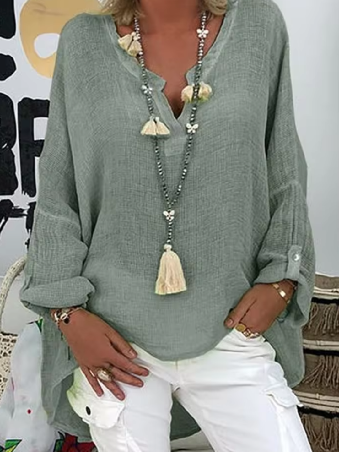 Mandy | Relaxed Fit Blouse with V Neckline and Long Sleeves