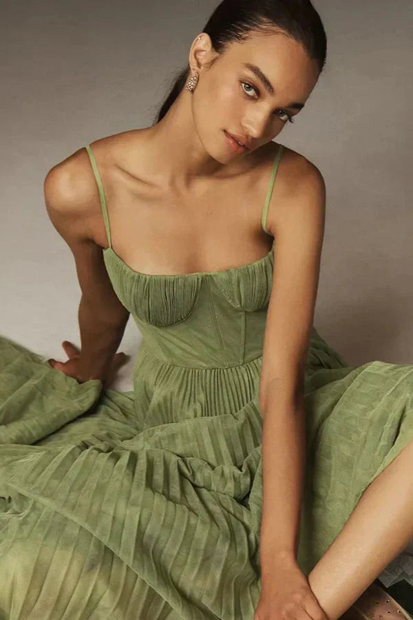 Sophia | Midi Wedding Guest Dress with Pleated Skirt and Corset Bodice