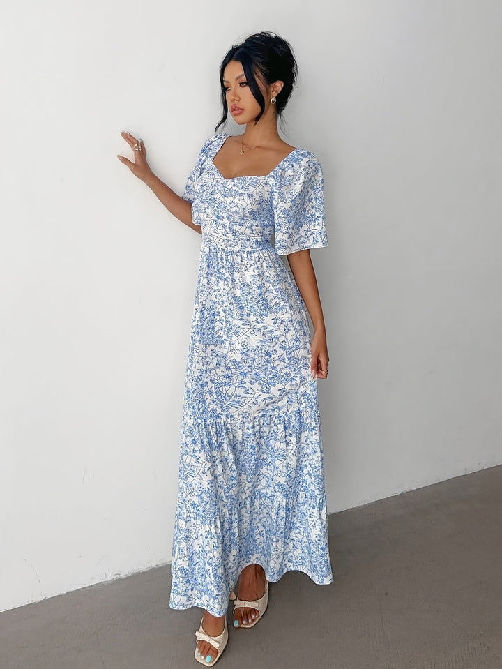 Carol | Maxi Wedding Guest Dress with Floral Print and Short Sleeves