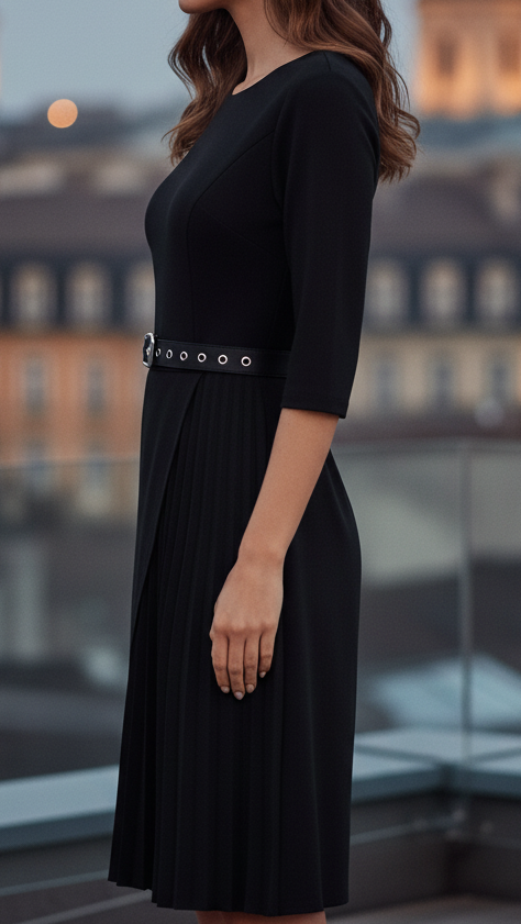 Quinn | Midi Cocktail Dress with Round Neck and Pleated Details