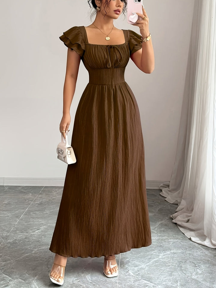 Vera | Maxi Wedding Guest Dress with Square Neck and Flutter Sleeves