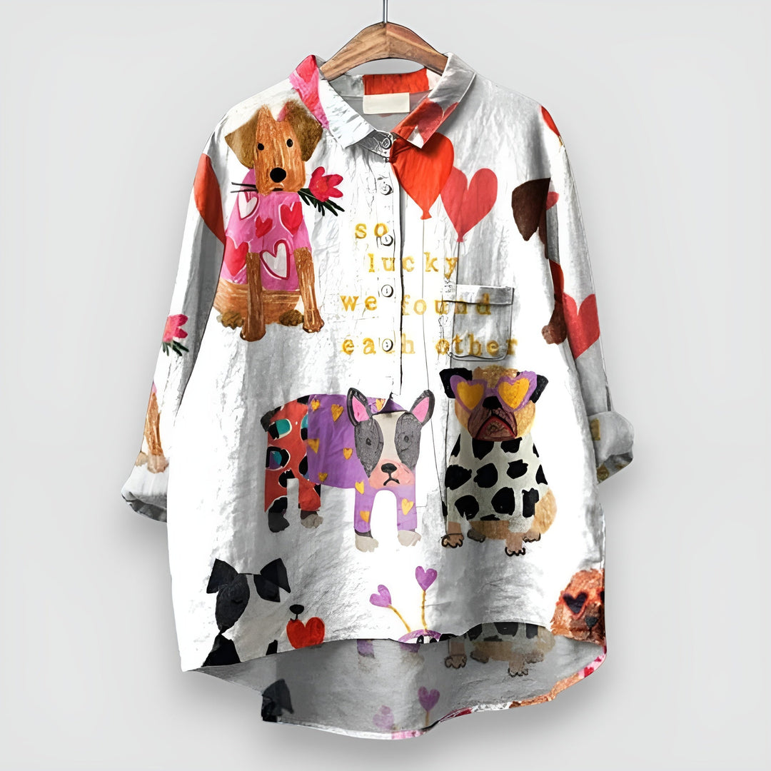 Winnie | Novelty Print Blouse with Button Front and Long Sleeves