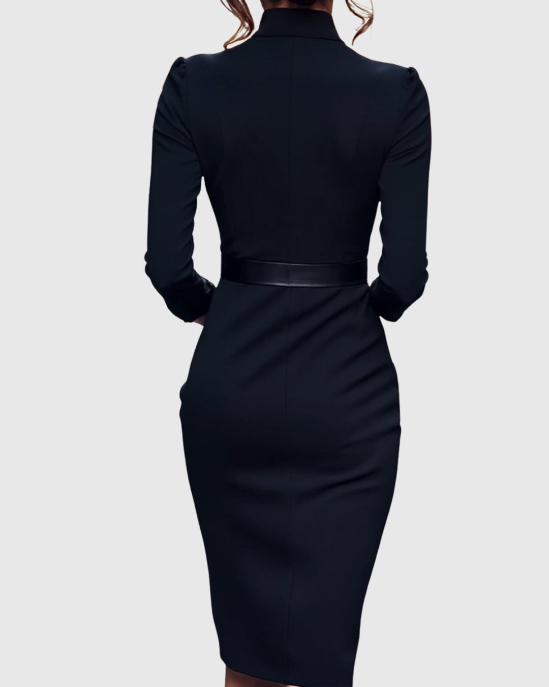 Women's Long Sleeve Belted Midi Dress with V-Neckline