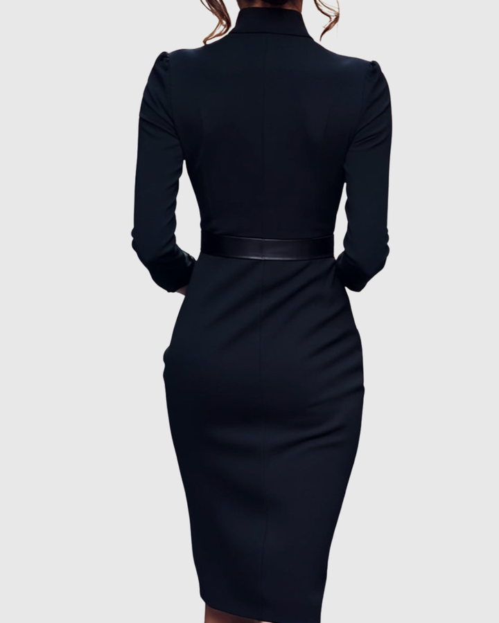 Women's Long Sleeve Belted Midi Dress with V-Neckline