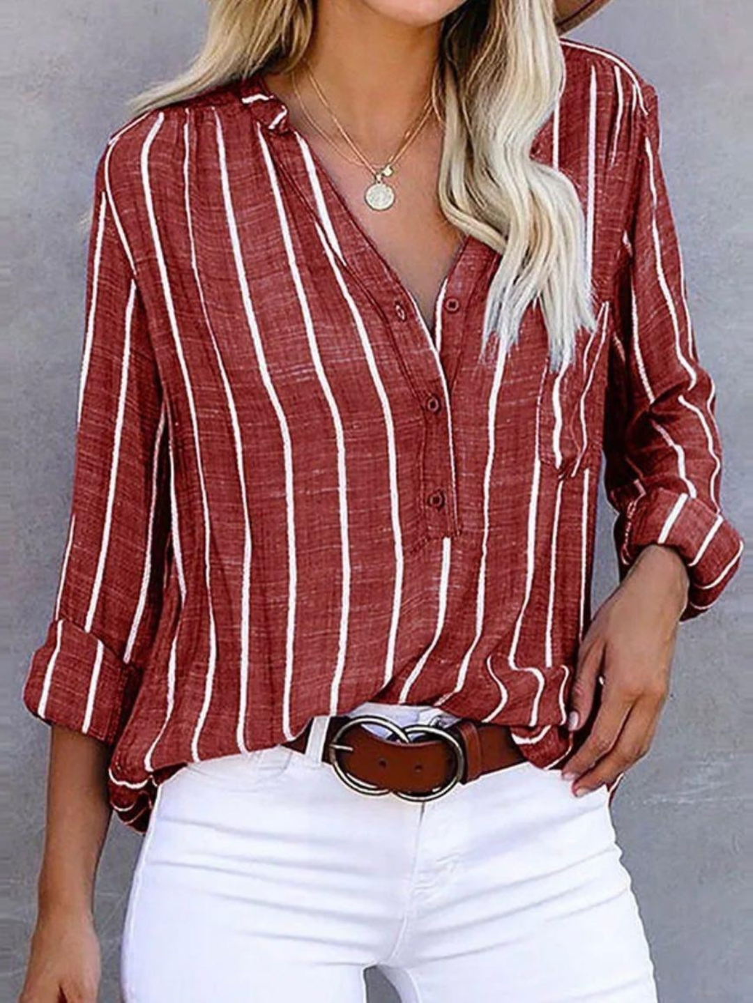 Women's Striped Long Sleeve Blouse with V-Neck and Button Front