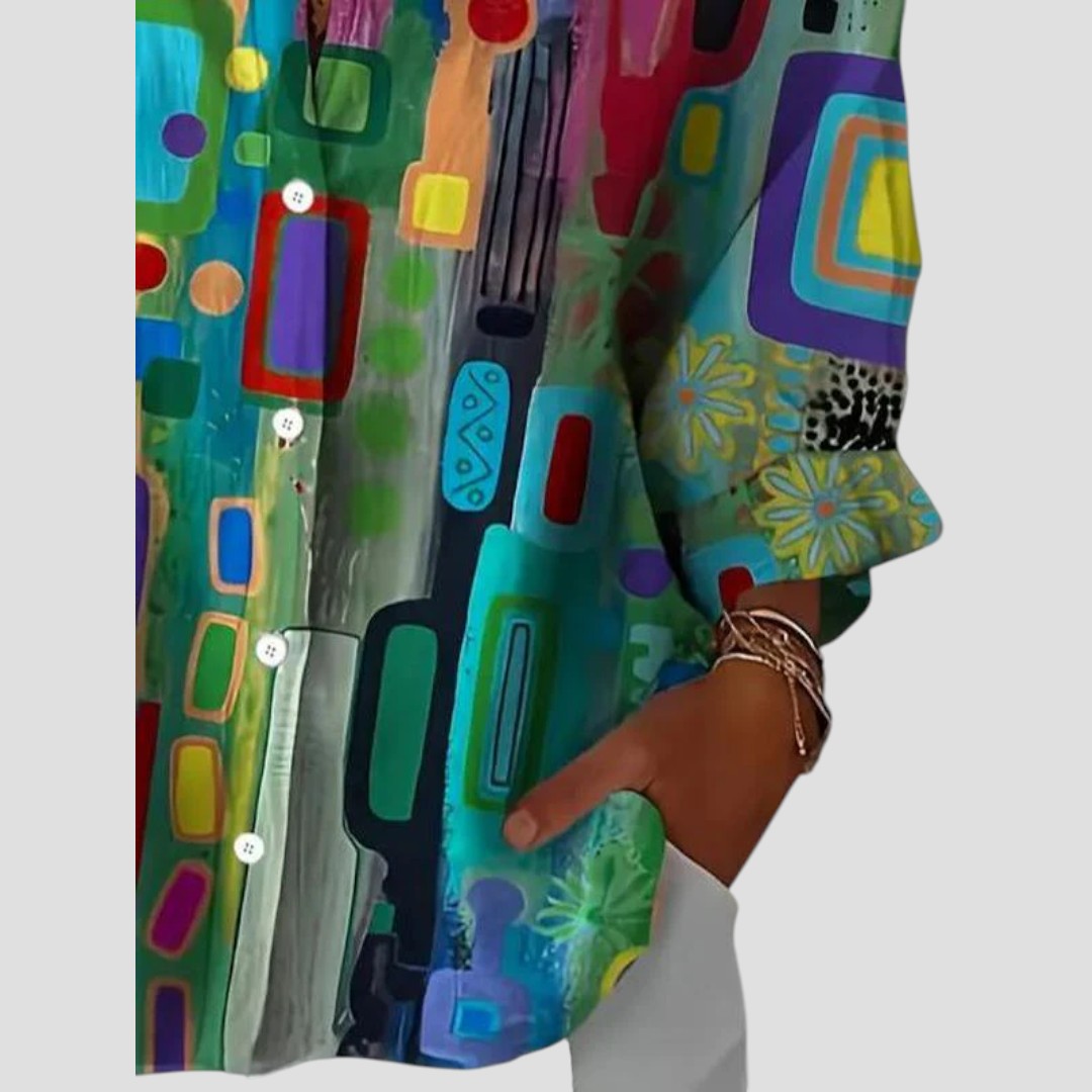 Freya | Abstract Print Top with Button Front and Long Sleeves