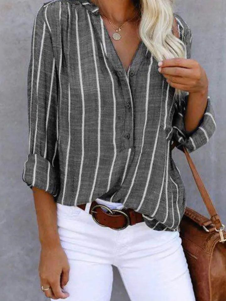 Women's Striped Long Sleeve Blouse with V-Neck and Button Front