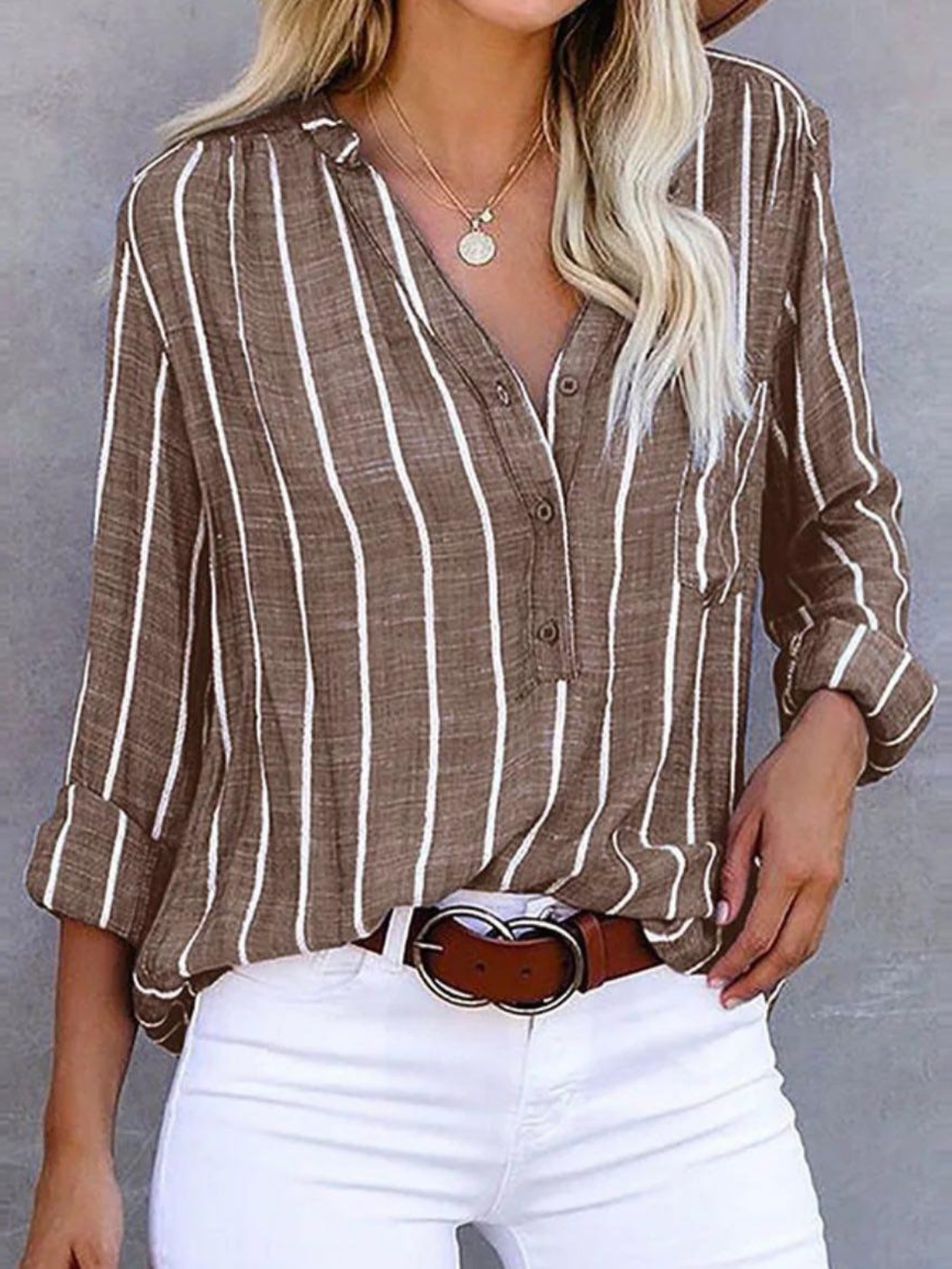 Women's Striped Long Sleeve Blouse with V-Neck and Button Front