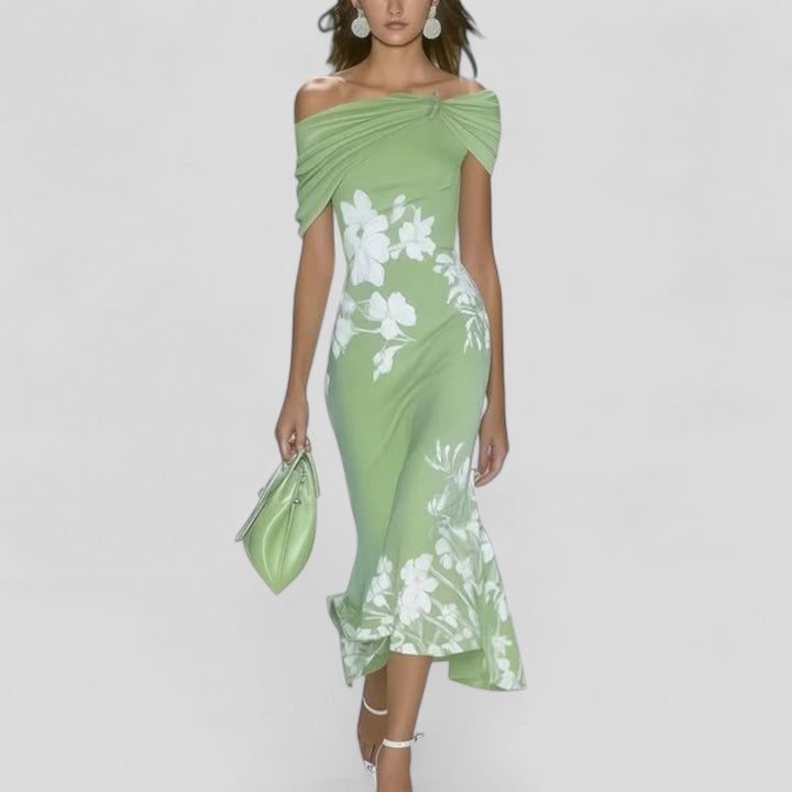 Lindsey | Midi Wedding Guest Dress with Off Shoulder and Floral Print