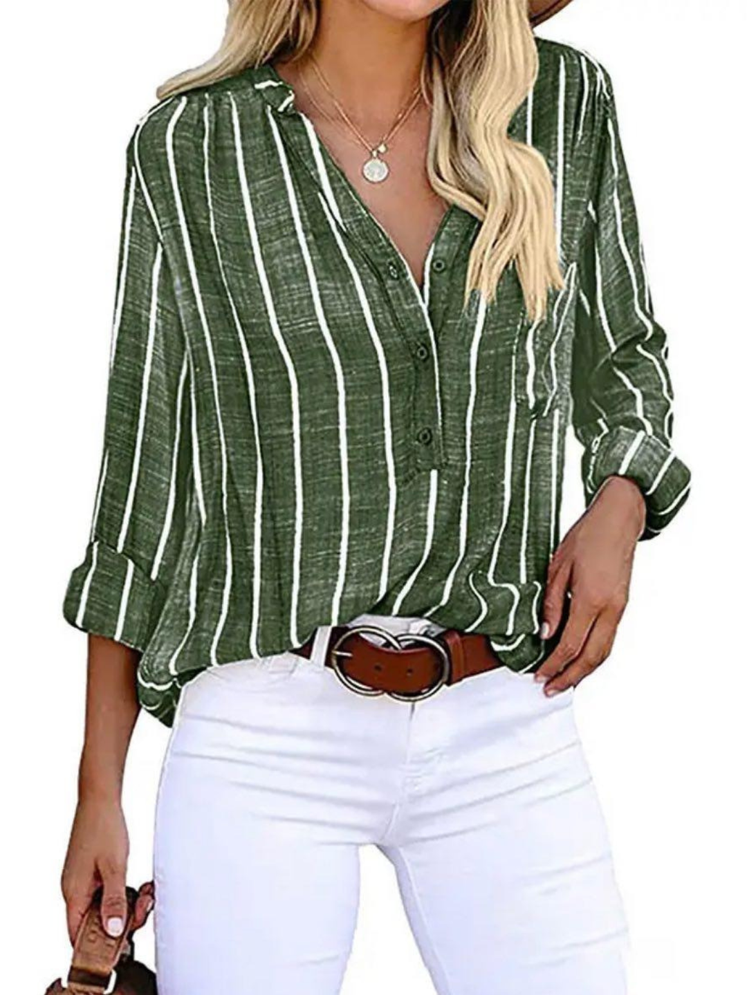 Women's Striped Long Sleeve Blouse with V-Neck and Button Front