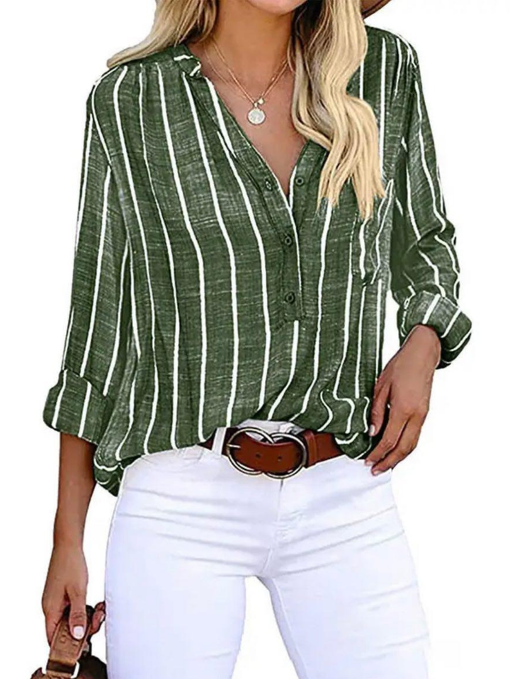 Women's Striped Long Sleeve Blouse with V-Neck and Button Front