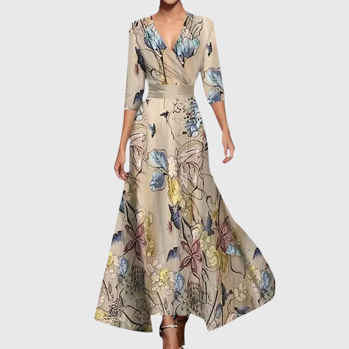 Women's Long Sleeve Maxi Dress with V Neck and Floral