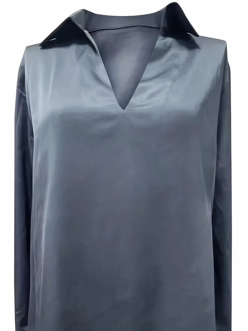 Women's Satin Blouse with V-Neck Collar and Long Sleeve