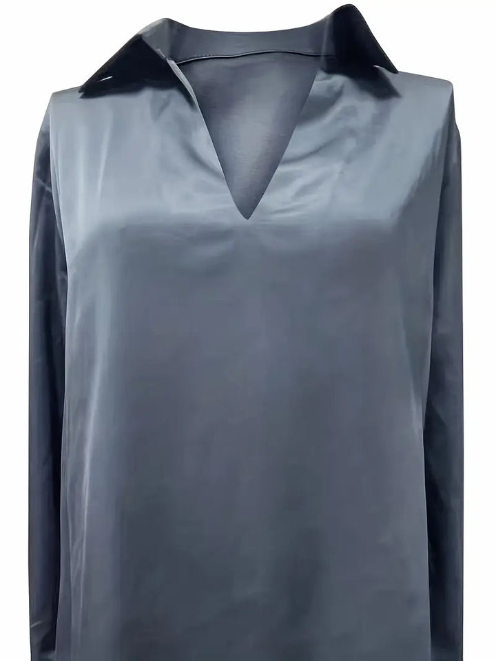 Women's Satin Blouse with V-Neck Collar and Long Sleeve