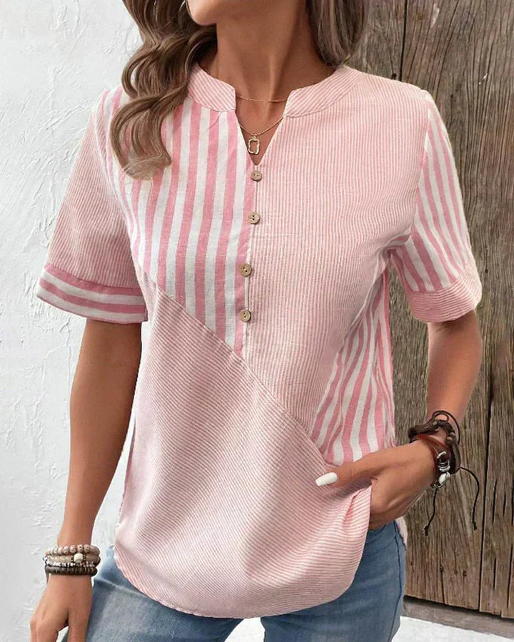 Polly | Striped Top with V Neckline and Button Detail