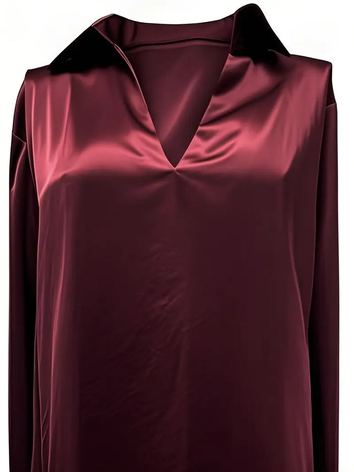 Women's Satin Blouse with V-Neck Collar and Long Sleeve