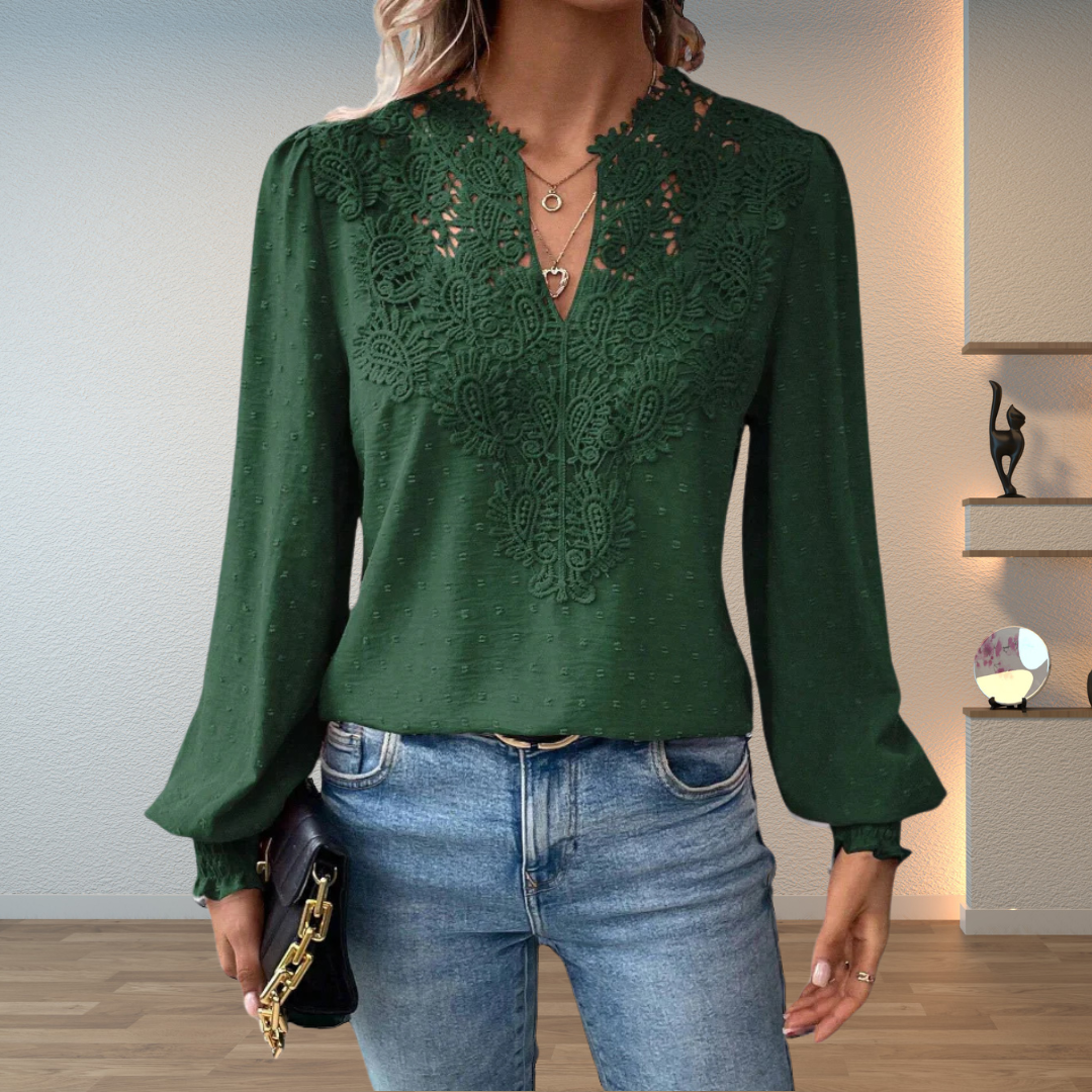 Vivian | Split V Neck Blouse with Lace Detail and Puff Sleeves