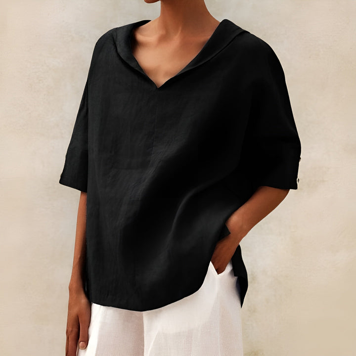 Ria | Linen Top with V-Neck Collar and Relaxed Fit
