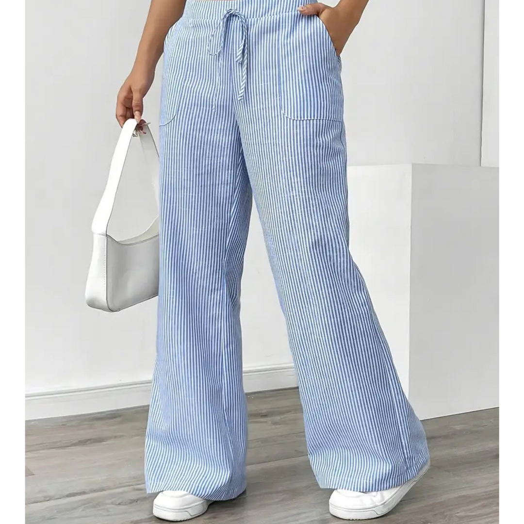 Sandy | Wide Leg Trousers with Striped Print and Drawstring Waist