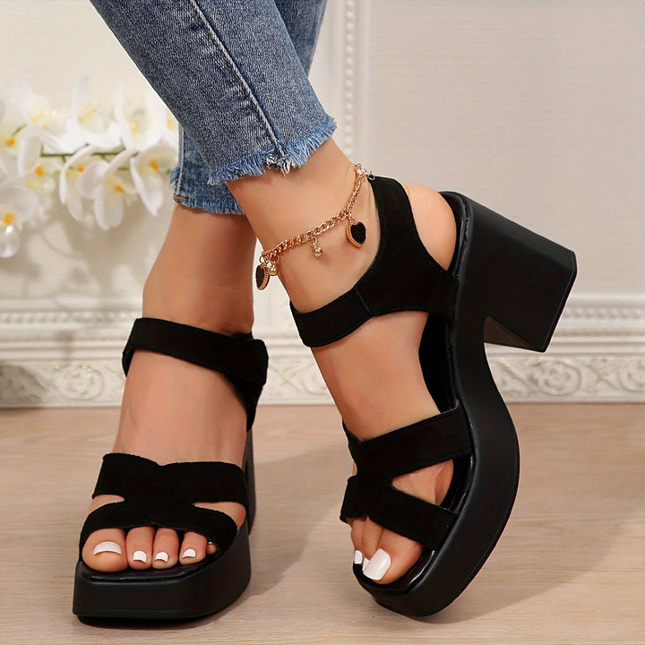 Women's Black Platform Block Heel Sandals with Ankle Strap