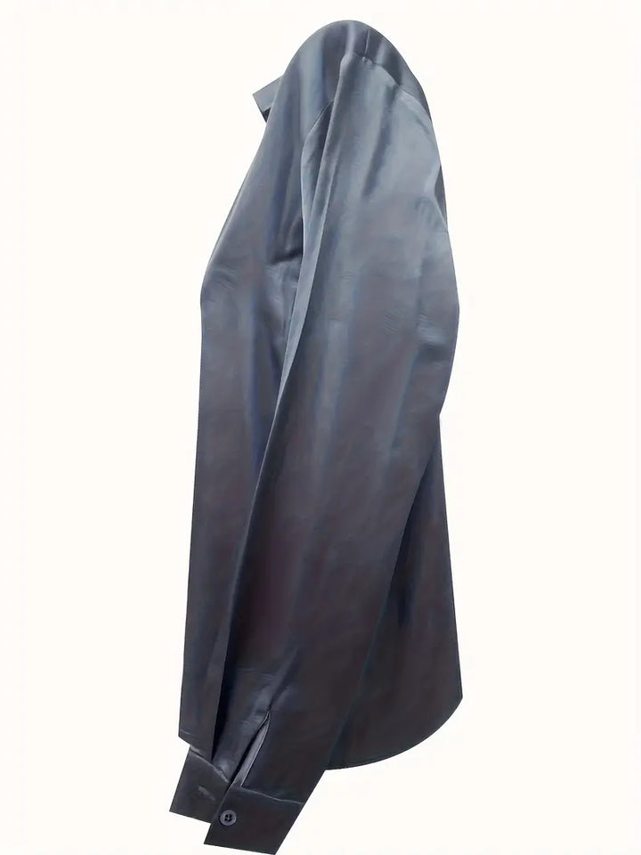 Women's Satin Blouse with V-Neck Collar and Long Sleeve