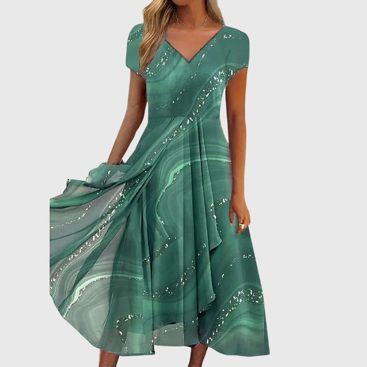 Women's Short Sleeve Midi Dress with V Neck and Print