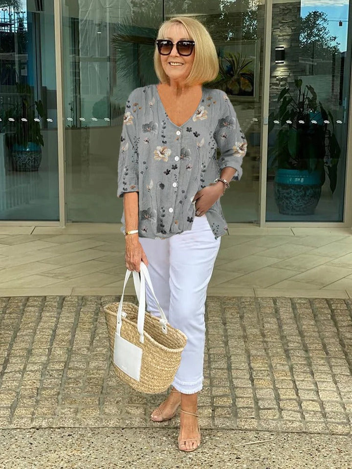 Penny | Floral Print Blouse with V Neckline and Button Front