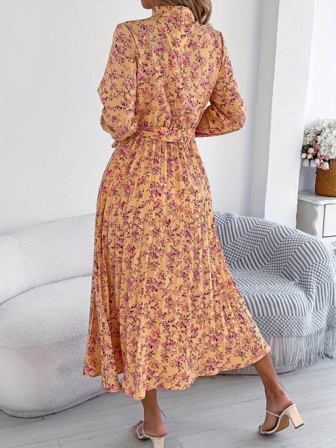 Sky | Midi Wedding Guest Dress with Floral Print and Long Sleeves